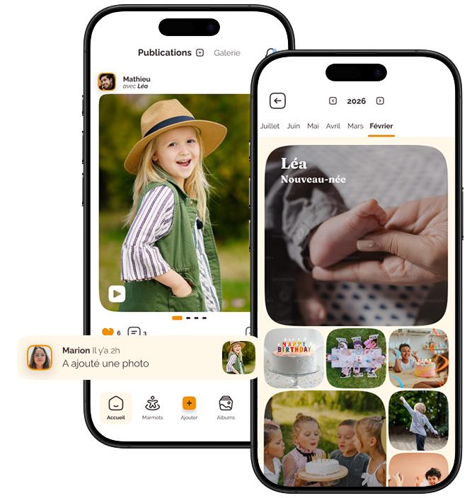 Deux iPhones montrant le fil de publications Marmo et des photos de la famille