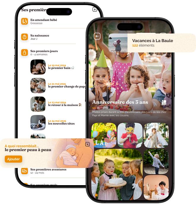 Deux iPhones — carnet de vie avec jalons et album partagé « Anniversaire des 5 ans »