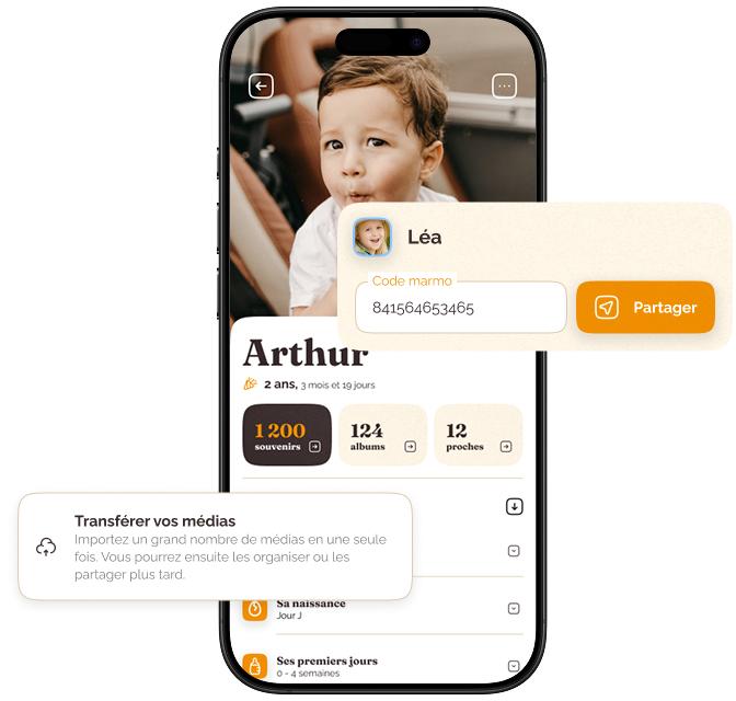 Aperçu Marmo sur iPhone — profil enfant, code de partage et transfert de médias